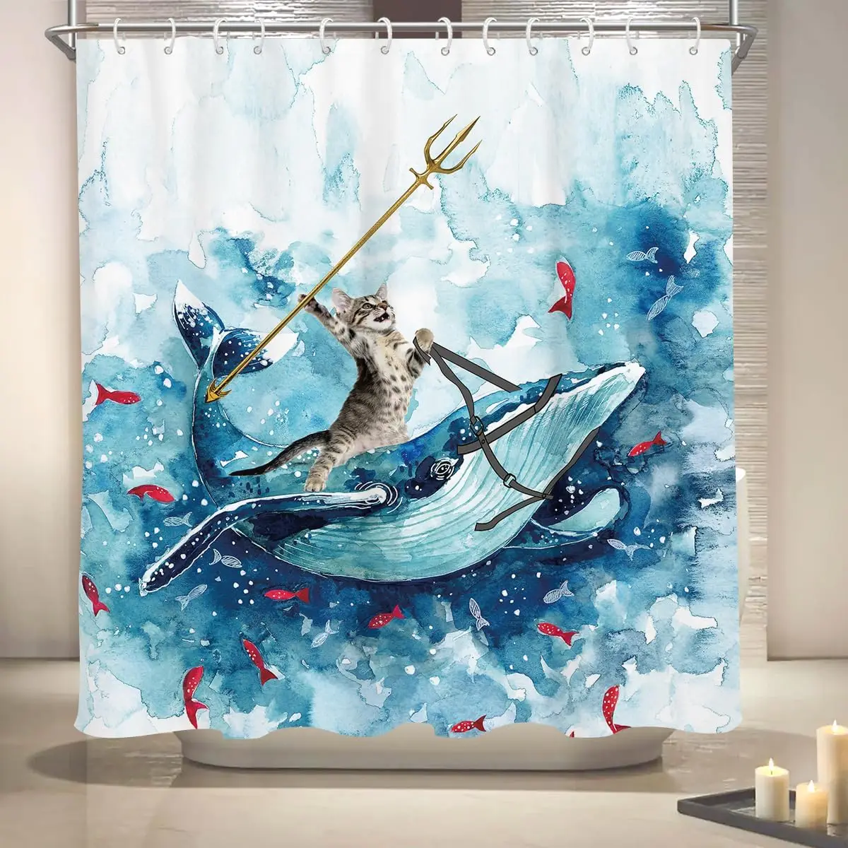 Divertido gato cortina de ducha largo lindo diversión Cool montar ballena ola de mar Anime niños playa Nautica tema mar peces divertido baño