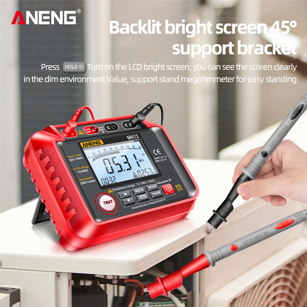 Aneng mh12/mh13 medidores megôhmetro digital índice de polarização pi teste automático & manual alcance backlight medidores ohm medidor ferramentas