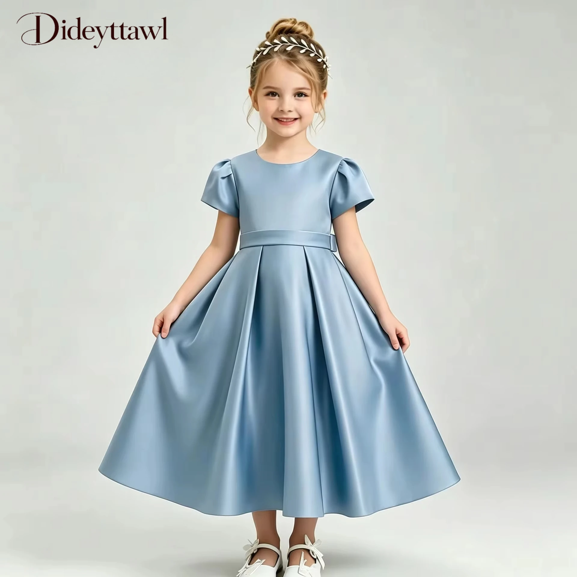 Dideyttawl Square Neck Satin Midi Flower Girl Dress Multi Color Available Back Cutout Bow Formal Gown For Wedding Bridesmaid