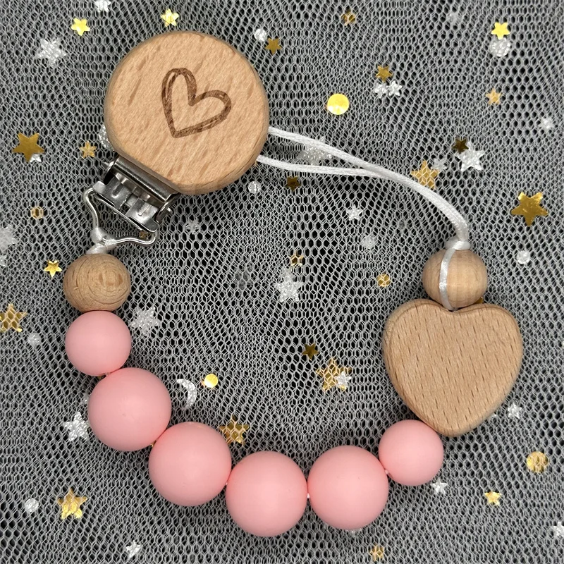 Personalized Baby Pacifier Chain Clips Wooden Custom Teether Silicone Round Beads Teething Chain for Care Soother Chew Toys Gift