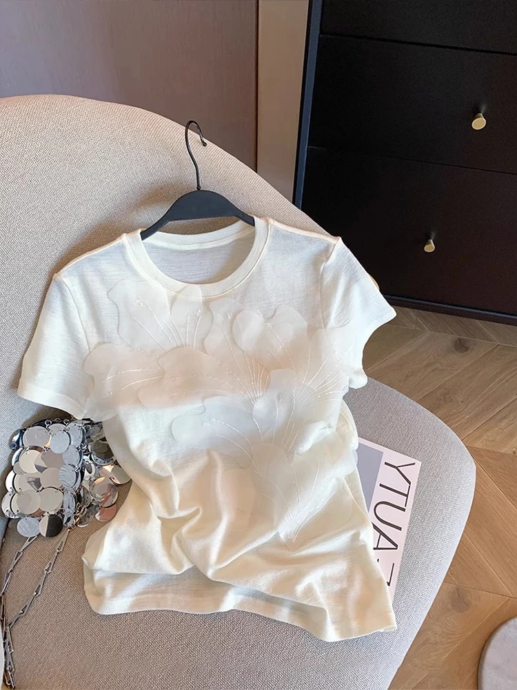 

Круглая футболка Sweet Heavy Embellied Petal Ne ort Sve, женская летняя повседневная свободная утягивающая футболка, удобный дышащий топ