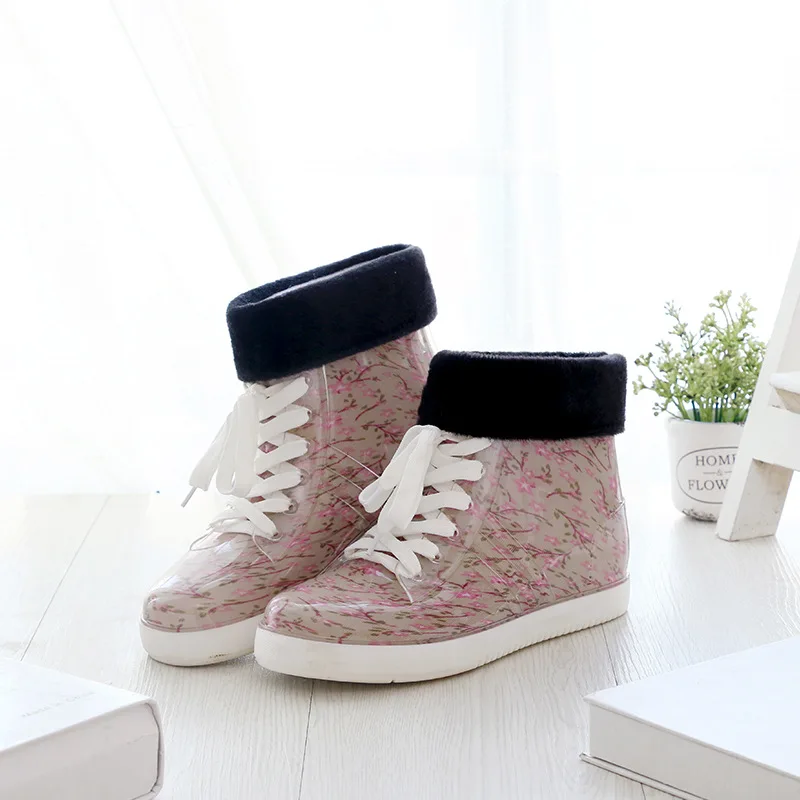 35-39 النساء احذية المطر السيدات Rainboots أحذية ماء الدانتيل متابعة المطاط لينة وحيد المضادة للانزلاق طباعة في الهواء الطلق انفصال أفخم Zapatos y2 #4