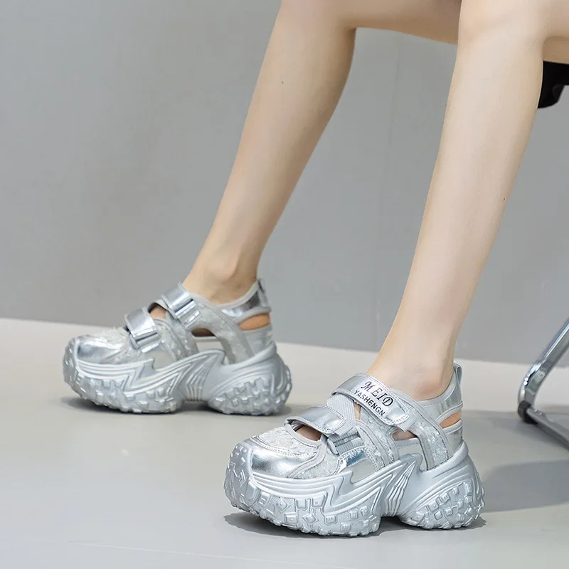 Autuspin letnie koronkowe sandały z prawdziwej skóry dla kobiet 2024 moda stylowe Bling Chunky sneakers kobiece buty z dziurką na pasku