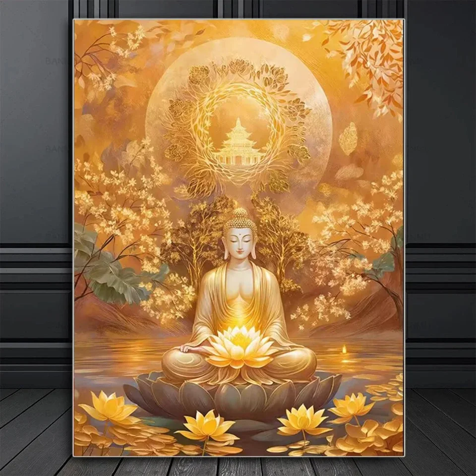 Diamond Art Painting Jewels Cross Stitch Kit Religious Golden Buddha Lotus Full Rhinestone Mosaic Embroidery Home Decor Gift