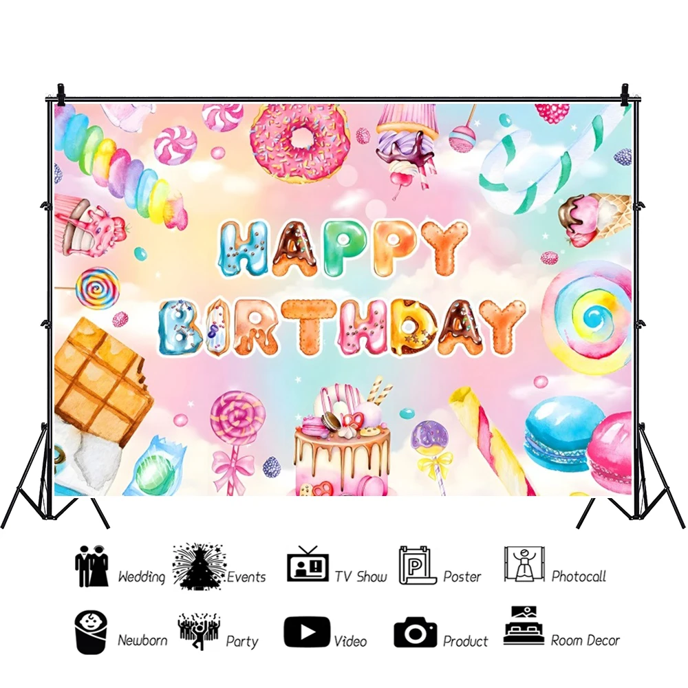 Laeacco Sweet Dessert Backdrop Sprinkles Donut Ice Cream Sprinkles Donut Girls' Birthday Portrait Custom Photography Background