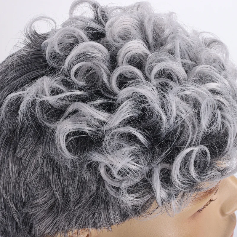 European and American men's short curly hairstyle, gray-white gradient new fluffy high-temperature synthetic fiber wig