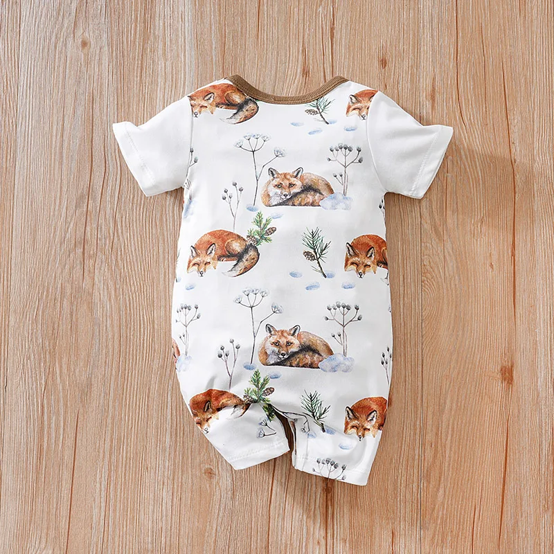 Newborn Clothes 0-18 Snow Fox Full Print Fake Shoulder Strap For Comfortable Boys And Girls Summer Short Sleeved Baby Jumpsuit