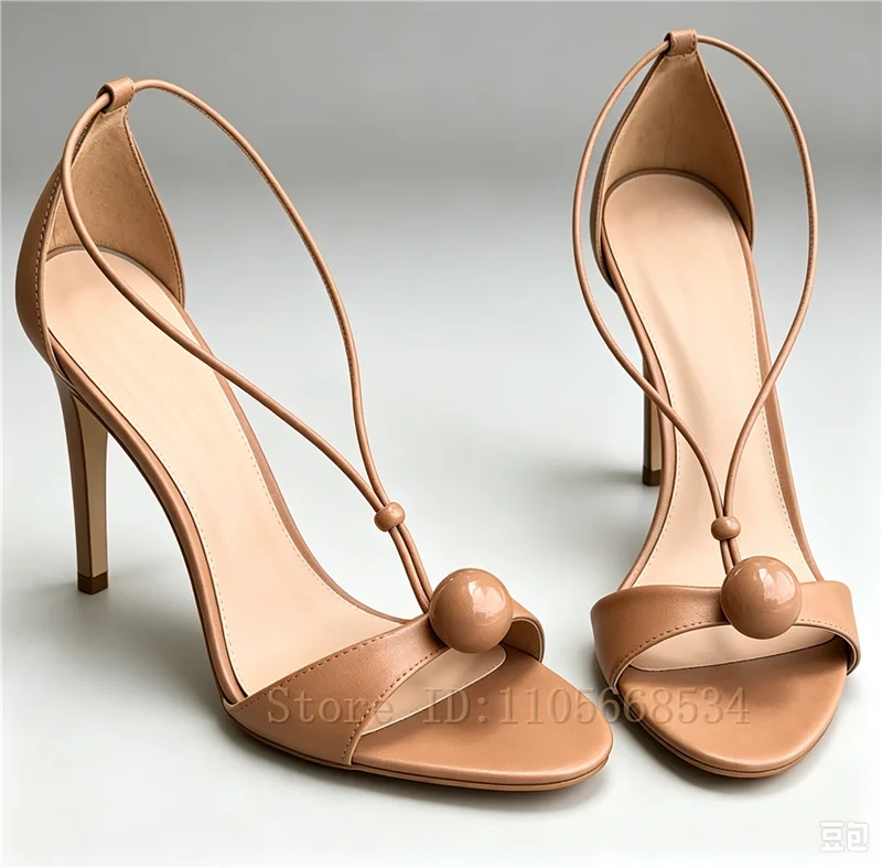 Fashion Women Open Toe Stiletto Sandals Thin T Strap Slingback with Round Bead Ornament Elegant Evening Party High Heel Shoes