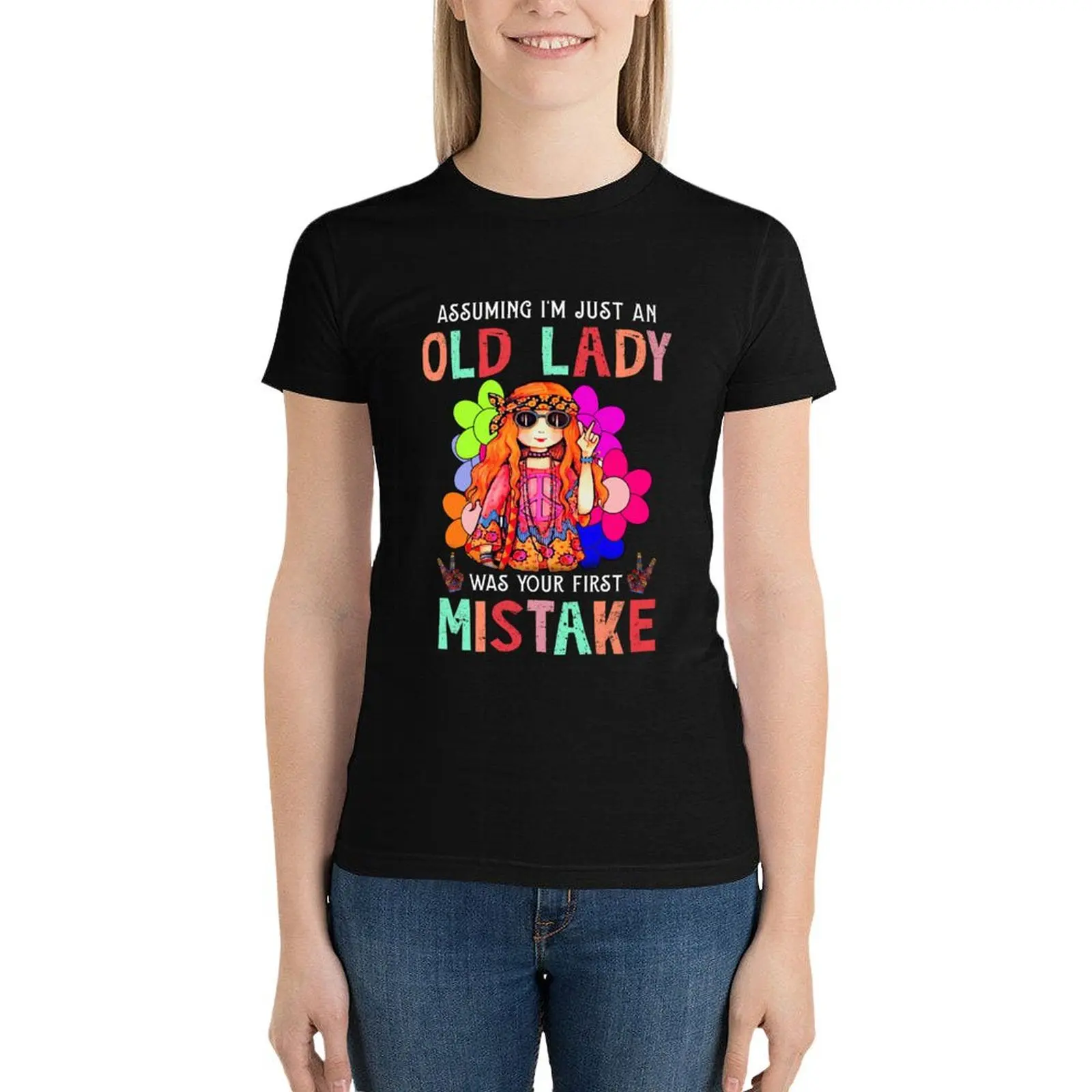 Asume im just a old lady era su primer error, camiseta kawaii, ropa linda, camisetas negras para mujer