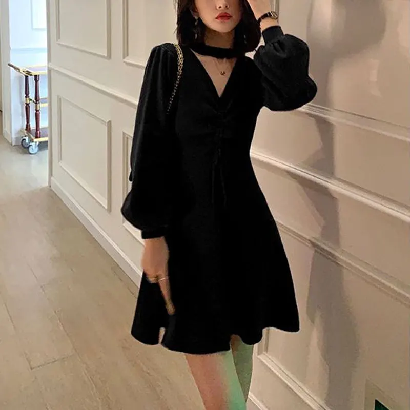 Christmas Knitted Halter Midi Dress V-Neck Women\'s Clothing Vintage Fashion Folds Autumn Winter Solid Color Basic A-Line Dresses