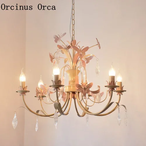 

American Romantic Pink Butterfly chandelier Girl Bedroom Princess room lamp Korean creative LED Candle Chandelier free shipping