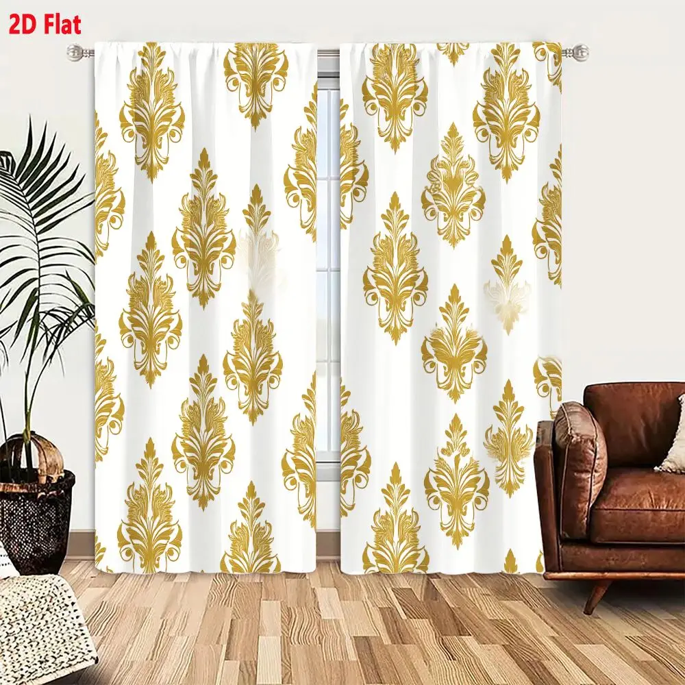 2Pcs Curtains 2D Flat Seamless Baroque Damask Pattern With Gold Acanthus Leaf Motifs On Cream Background Window Drapes for Bedro