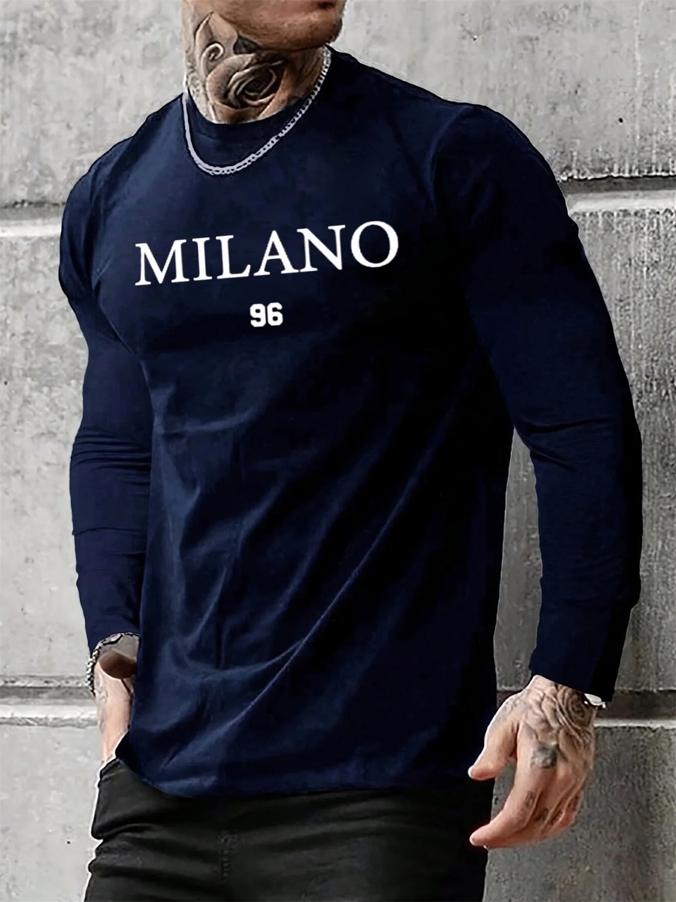 100% pure cotton men's long sleeved round neck loose casual MILANO 96 printed spring and autumn versatile T-shirt top