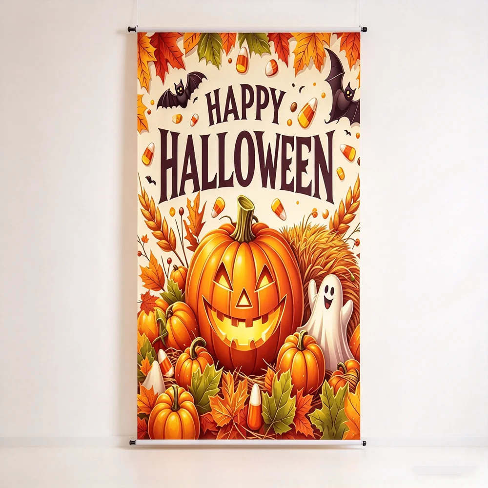 Halloween Tapestry Banner Pumpkin Ghost Bat Design Wall Hanging for Indoor Outdoor Home Yard Party Photo Booth Background Decor