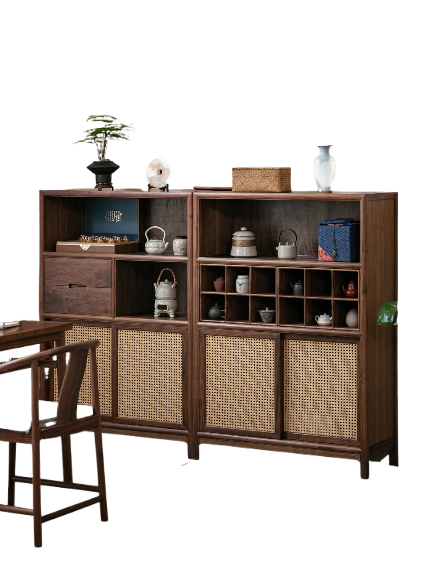 

Song-style aesthetic solid wood low cabinet New Chinese black walnut tea cabinet Bogu rack storage cabinet integrated against