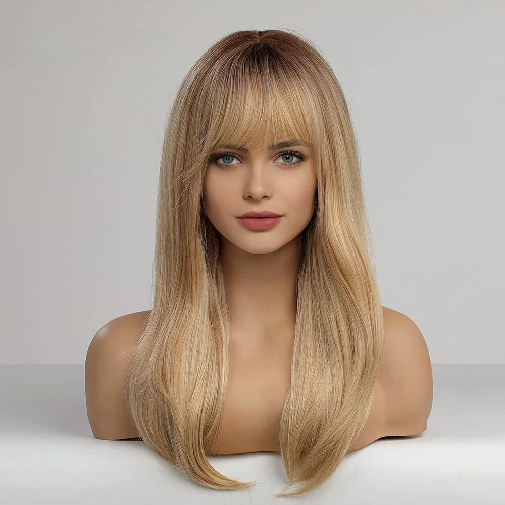 23 Inch Long Straight Light Blonde Wig with Bangs