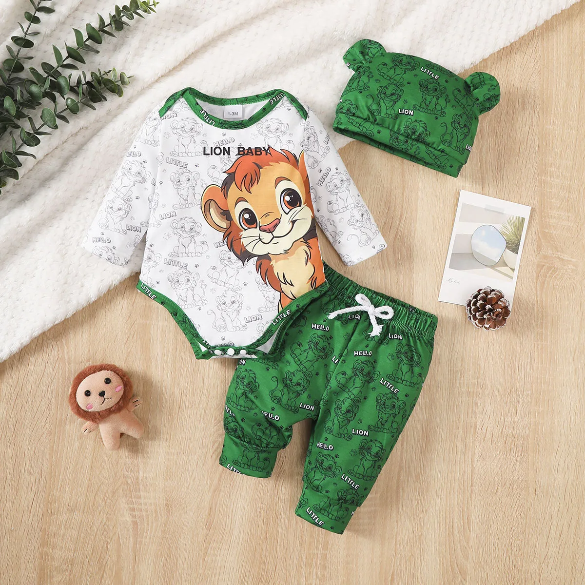 Newborn Boy Baby Set Cartoon Small Lion Print Long Sleeve Bodysuit and Pants 2Pcs/ Set for Boys 0-18 Months Spring  Autumn Set
