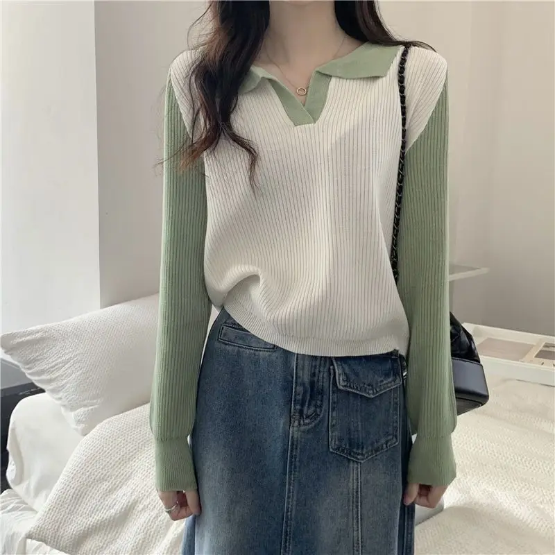 Autumn New Fashion Versatile Korean Sweater Simple Polo Collar Color Block Long Sleeve Women\'s Patchwork Pullover Loose Knit Top