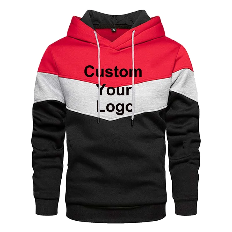 Man Custom Your Logo Splicing Hoodies Pullover Autumn Winter Fleece Warm Sweatshirts Casual Sport Tops