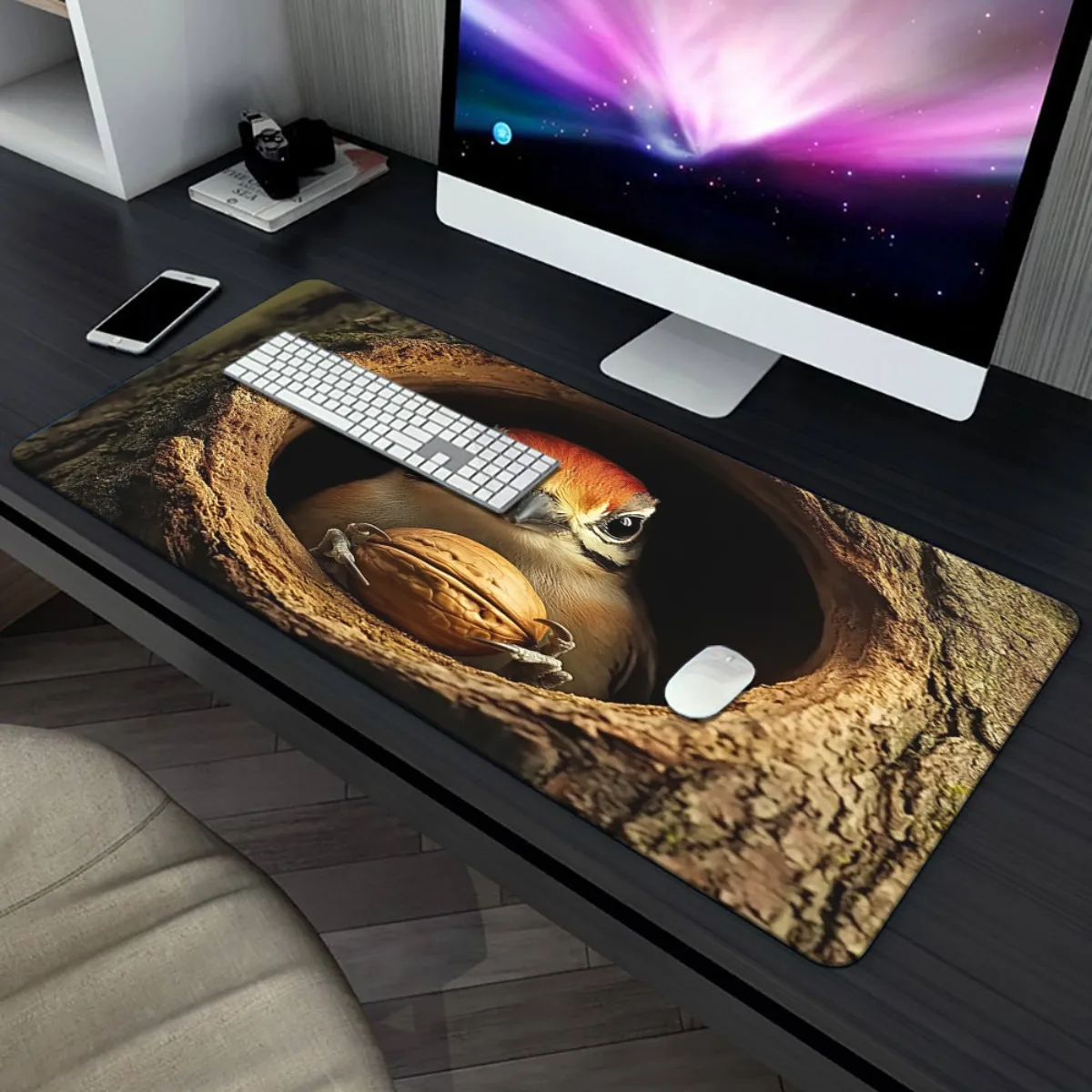 1pc Woodpecker in Tree Hole Design Mouse Pad - Non-Slip Rubber Base Gaming & Office Desk Mat with Vivid Nature Artwork, Durable