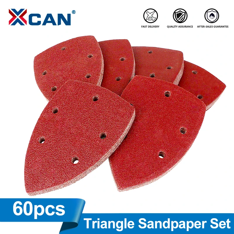 XCAN 60pcs 98mm Triangular Sanding Pads Hook & Loop Sandpaper 60-400 Grit Alumina Oxide Abrasive For Polishing and Sanding