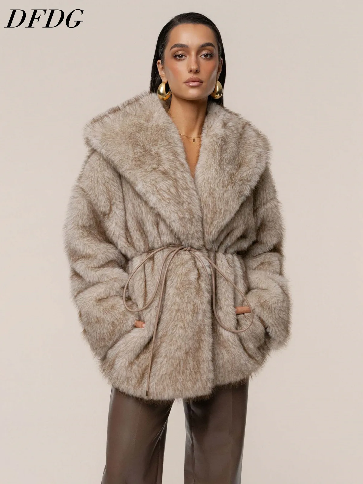 DFDG Women 2026 Faux Fur Short Coat Oversized Wide Lapel Drawstring Waist Tie Pockets Plush Thick Luxury Winter Outerwear Fur