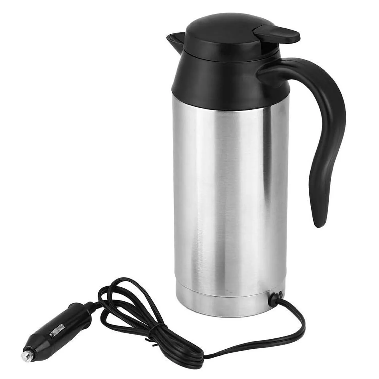 

750ml Portable Stainless Steel Car Electric Kettle 12V Silver, 21.6x8.5x7.2cm, 95cm Power Cord, 100°C Heating Temperature,