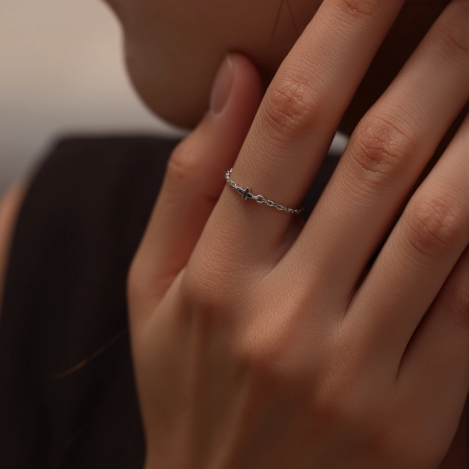 MODIAN Minimalist Cross Chain Ring For Women 925 Sterling Silver Adjustable Pull Slide Finger Ring Dainty Stackable Fine Jewelry