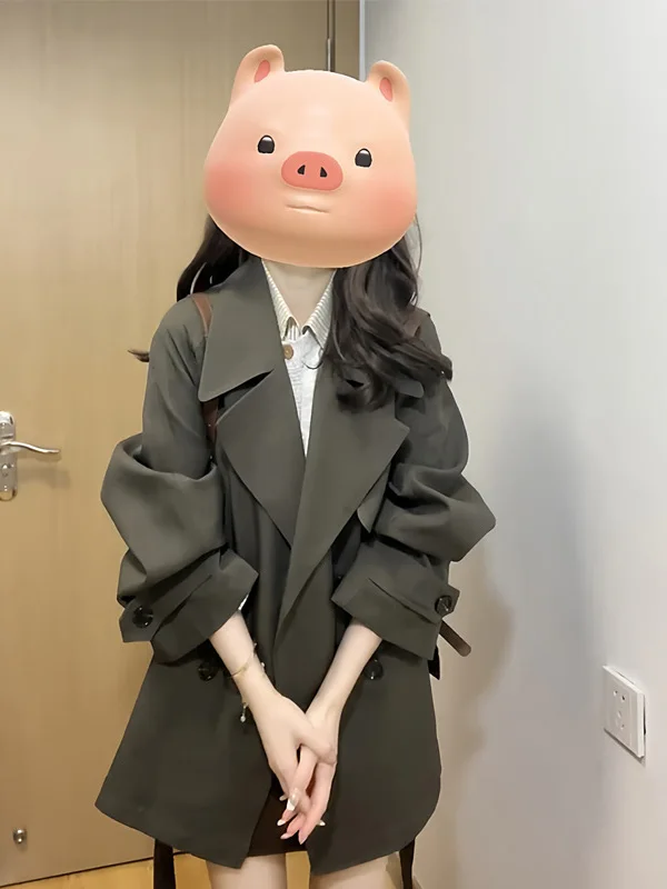 

Women's Green Trench Coat Autumn Belted Spliced Double-breasted Casual Mid-length Outerwear Korean Office Lady Trendy Clothing