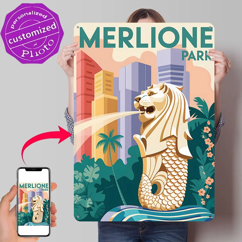 Merlione Park Singapore Travel Personalized 3D Textured Metal Poster Wall Art Tinplate Sign for Vintage Retro Decoration Room