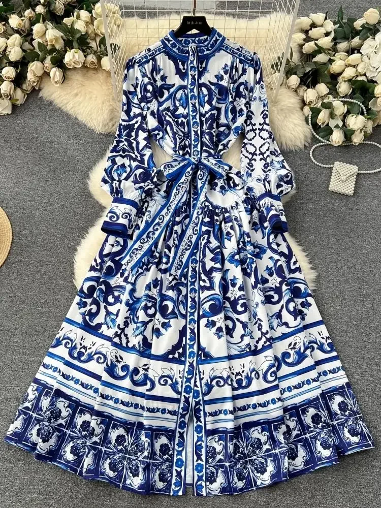 

TRAF Runway Blue And White Porcelain Print Holiday Maxi Dress Women's Stand Single Breasted Loose Lace- Up Long Robe Vestido