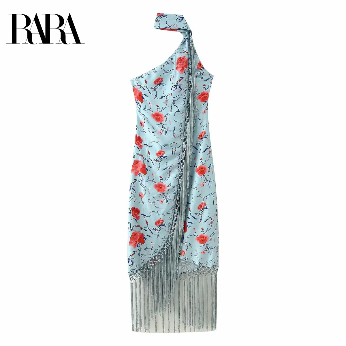 

RARA Women's Summer New Fringe Decorated Elegant Sexy Sleeveless One Shoulder Halter Neck Mid Length Printed Dress