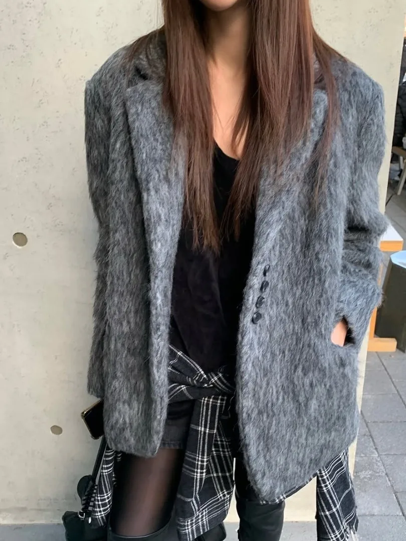 

Ele ey Woolen Suit Jaet Women's Autumn Winter Korean Sle Aosphere Clothing Personali Suit Collar Coat