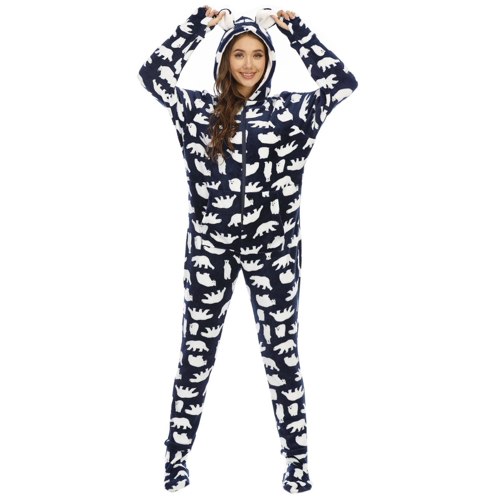 2024 Sleepwear pijama unicornio Womens Fashion Printing Hooded Flannel Long Sleeve Onesies for Adults Kigurumi