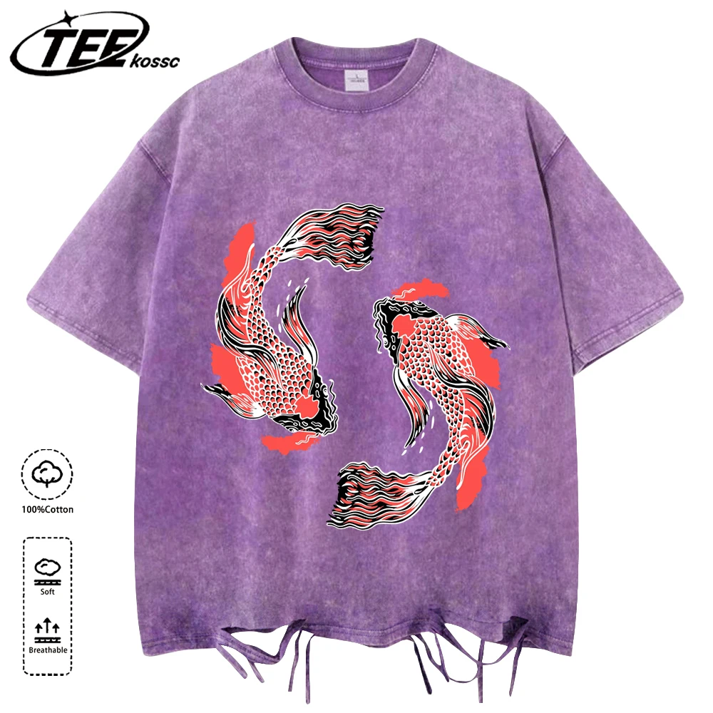 Japanese Harajuku Soaring Koi Men Washed Tee Shirts Soft Cotton T-Shirt Casual O-Neck Clothes Street Man Fashion Short Sleeve