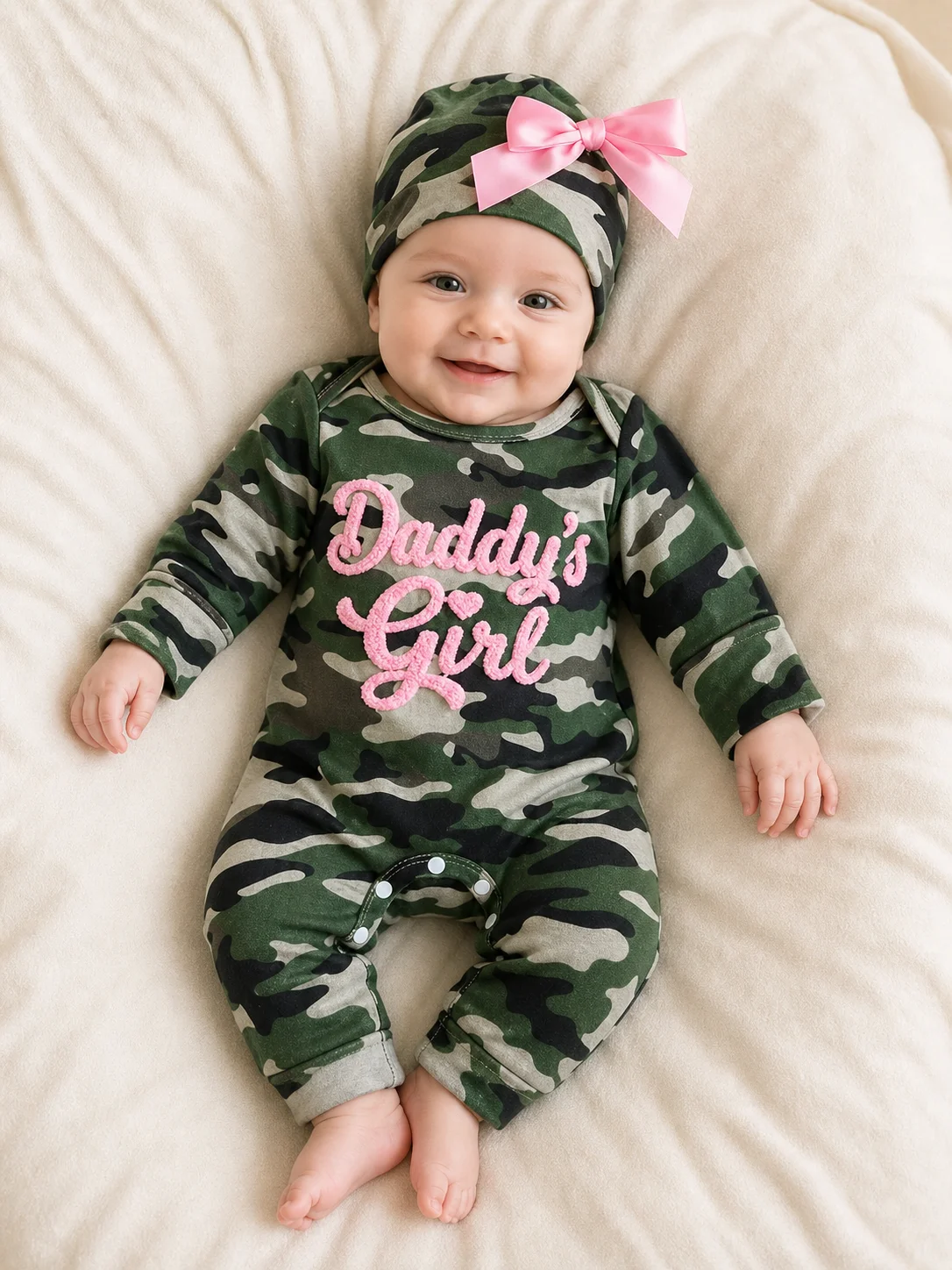 Baby Girl 2Pcs Outfit, Camo Romper with Bow Hat Long Sleeve Round Neck Snap Crotch Camouflage Print Daily Wear Baby Clothing Set