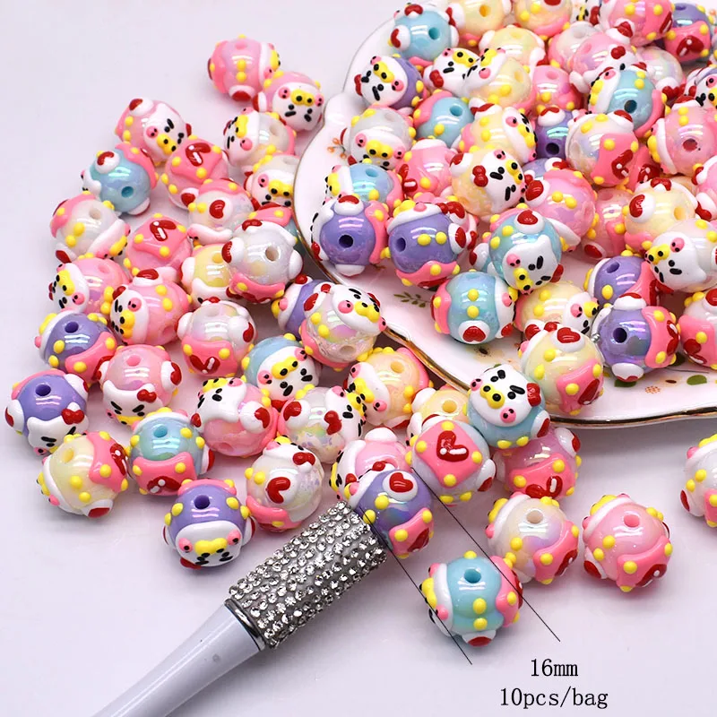 10pcs/bag Fashion Hand Drawn Cartoon Painting Acrylic Beads Loose Beaded DIY Handmade DIY Bracelets Keychains Mobile phone chain