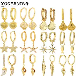 Vintage gold earring 925 sterling Silver Ear Needle Shell/Conch/Starfish Pendant Hoop Earrings for women Fashion Wedding Jewelry