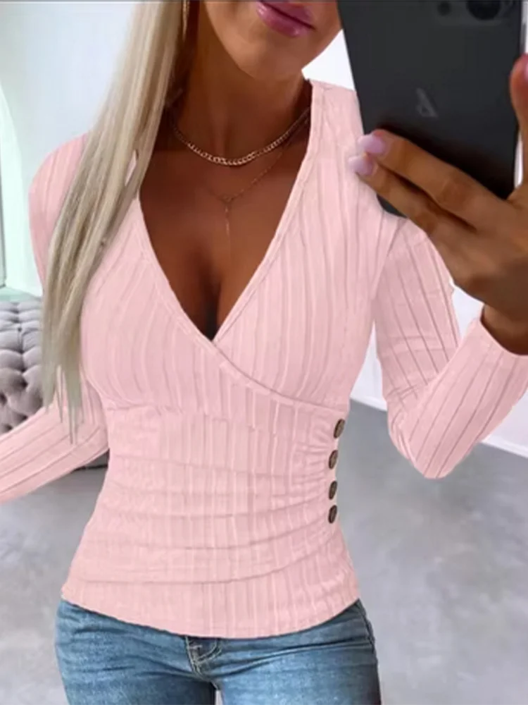 Frühling Herbst Dame Taste Stricken Top Frauen Einfarbig V-ausschnitt Langarm T-Shirt Sexy Top Kleidung – Detail 8