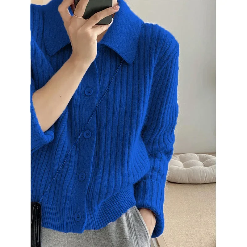 Korean Woman Long Sleeve Soft Cardigans Blouses Turn Down Knit Cardigan Women Autumn Winter Button Up Solid Color Sweater Coats