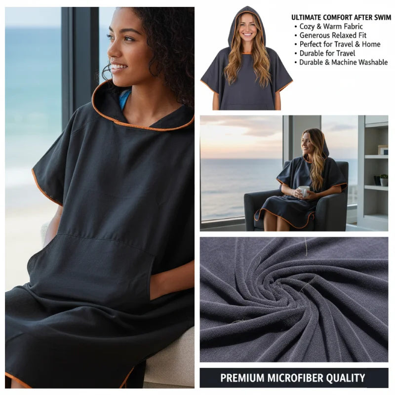 Hooded Beach Changing Robe 90x110cm with Front Pocket Quick Dry Adult Swim Poncho for Surfing Pool