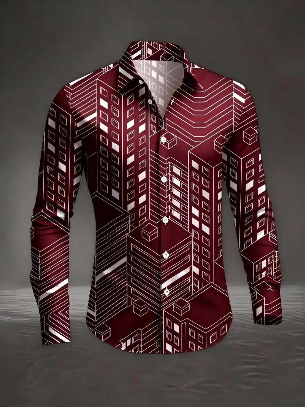Men's long-sleeved printed shirt featuring urban architecture-inspired designs, with a stylish casual button-down collar, suitab