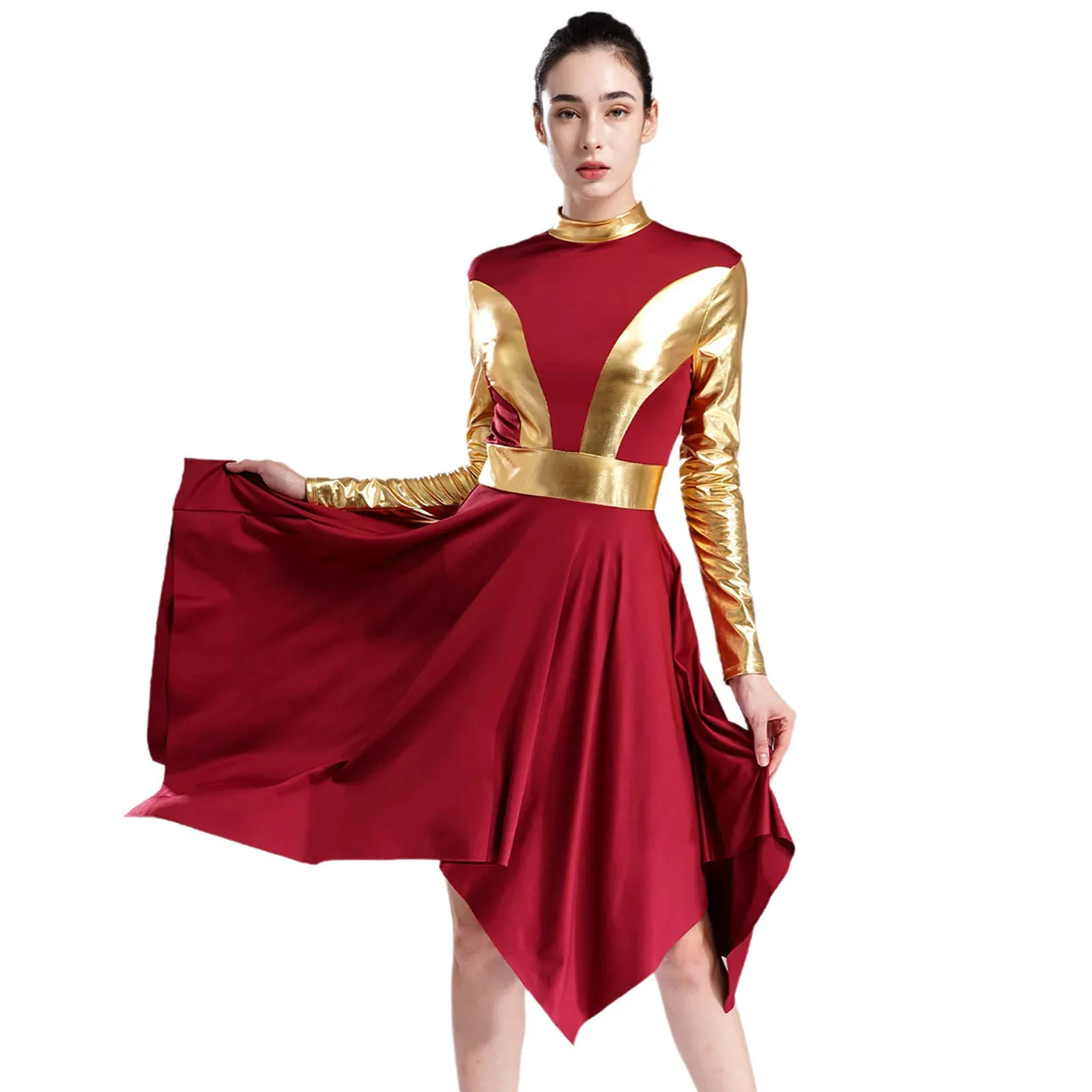 

Womens Liturgical Praise Worship Dance Dress Mock Neck Long Sleeve Church Choir Costume Ballet Lyrical Dance Performance Dress