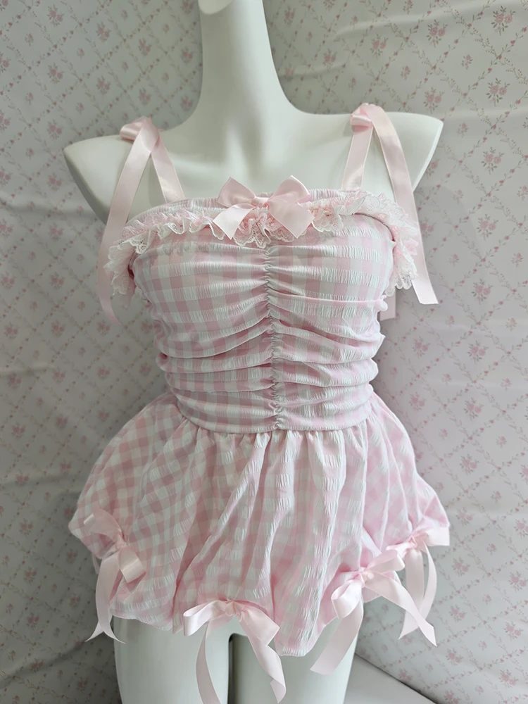 

Pink Plaid Tops for Sweet Girls Summer Bows Decoration Lace Trim Cute Tanks Kawaii Clothes
