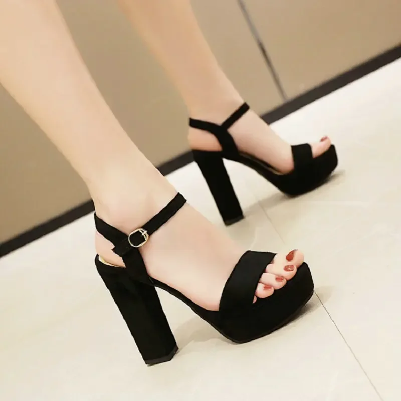 

Ankle wrap mature flock open toe platform sandals women's block high heels summer shoes beige black office career pumps sandals