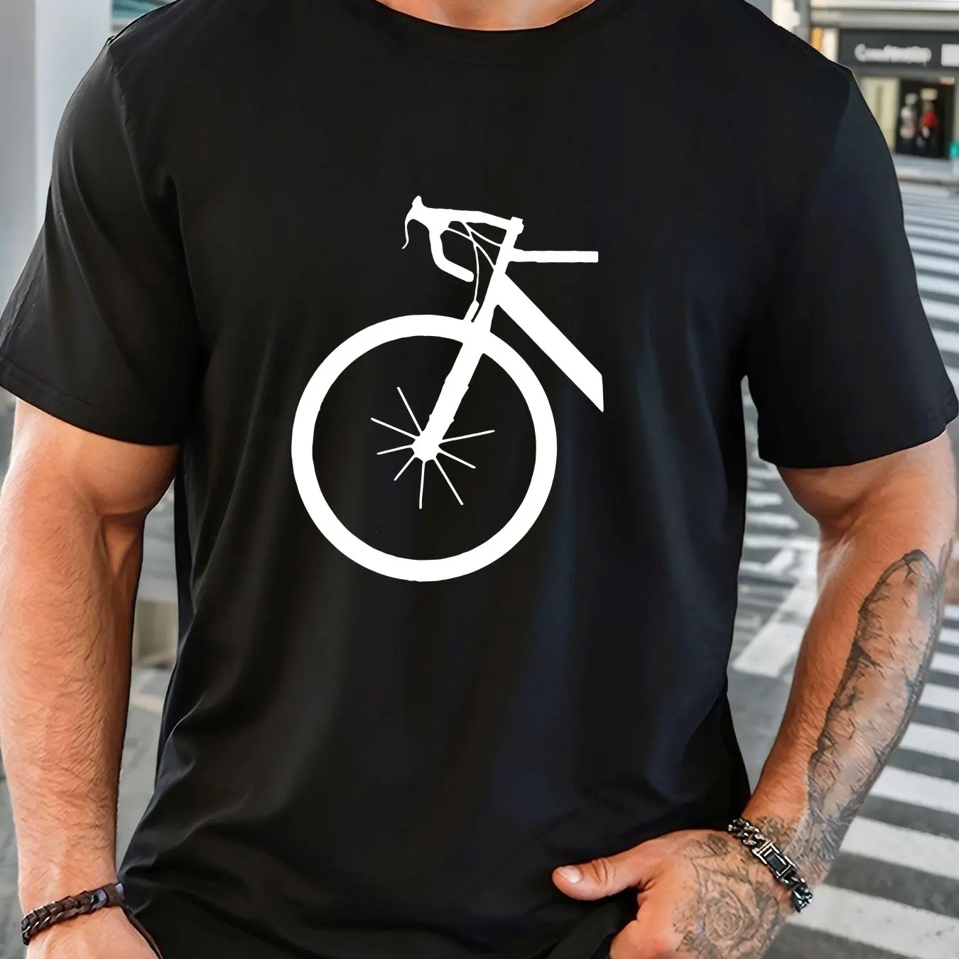 Men's Green Graphic T-Shirt - Breathable Enthusiast Apparel with White Bicycle Print Round Neck Short Sleeve Casual Shirt
