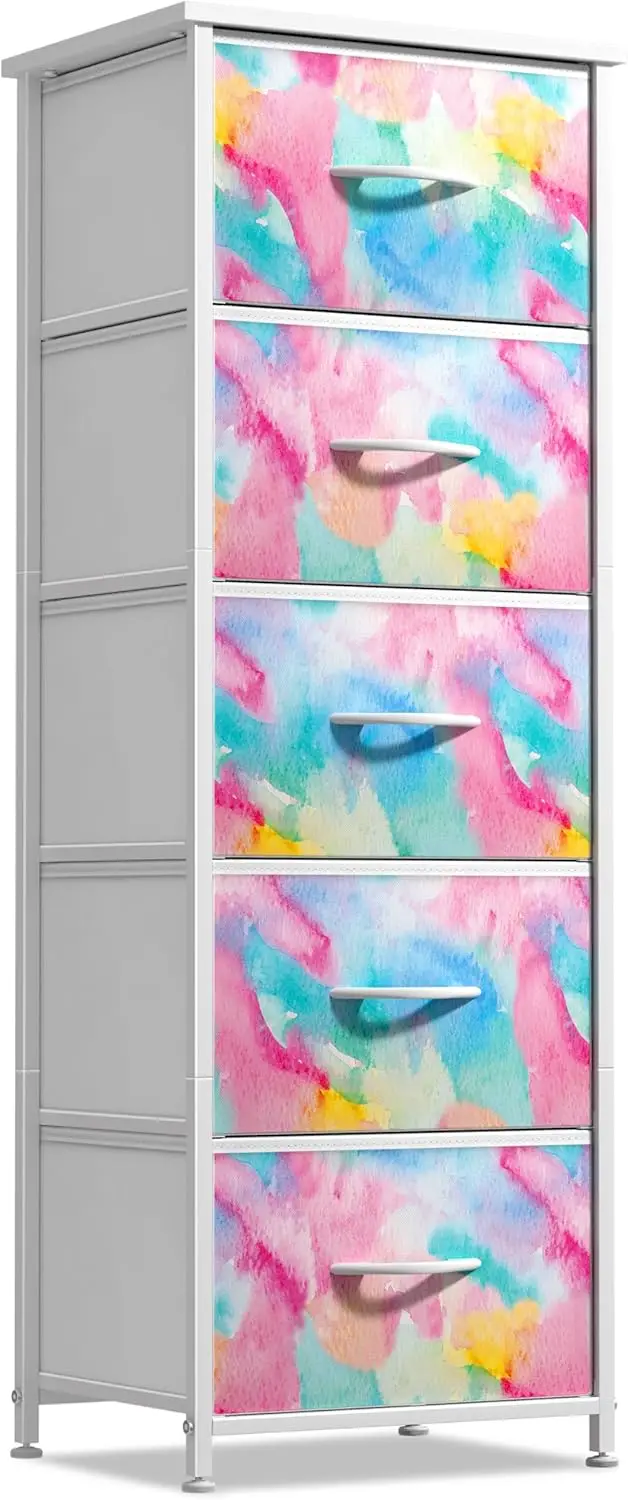 

5-Drawer Storage Dresser with Steel Frame, Wood Top & Fabric Bins - Bedroom Furniture Organizer