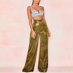 Glitter Stage Dance Sexy Women Pants Sparkly Fashion Zipper Ladies Wide Leg Trousers Elegant Shiny Streetwear Party Outfit