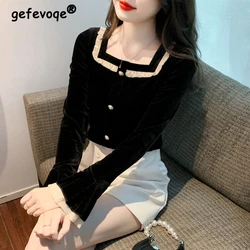 Women Stylish Ruffle Vintage Velvet Shirts Elegant French Style Luxury Chic Sweet Blouse Square Collar Long Sleeve Slim Fit Tops