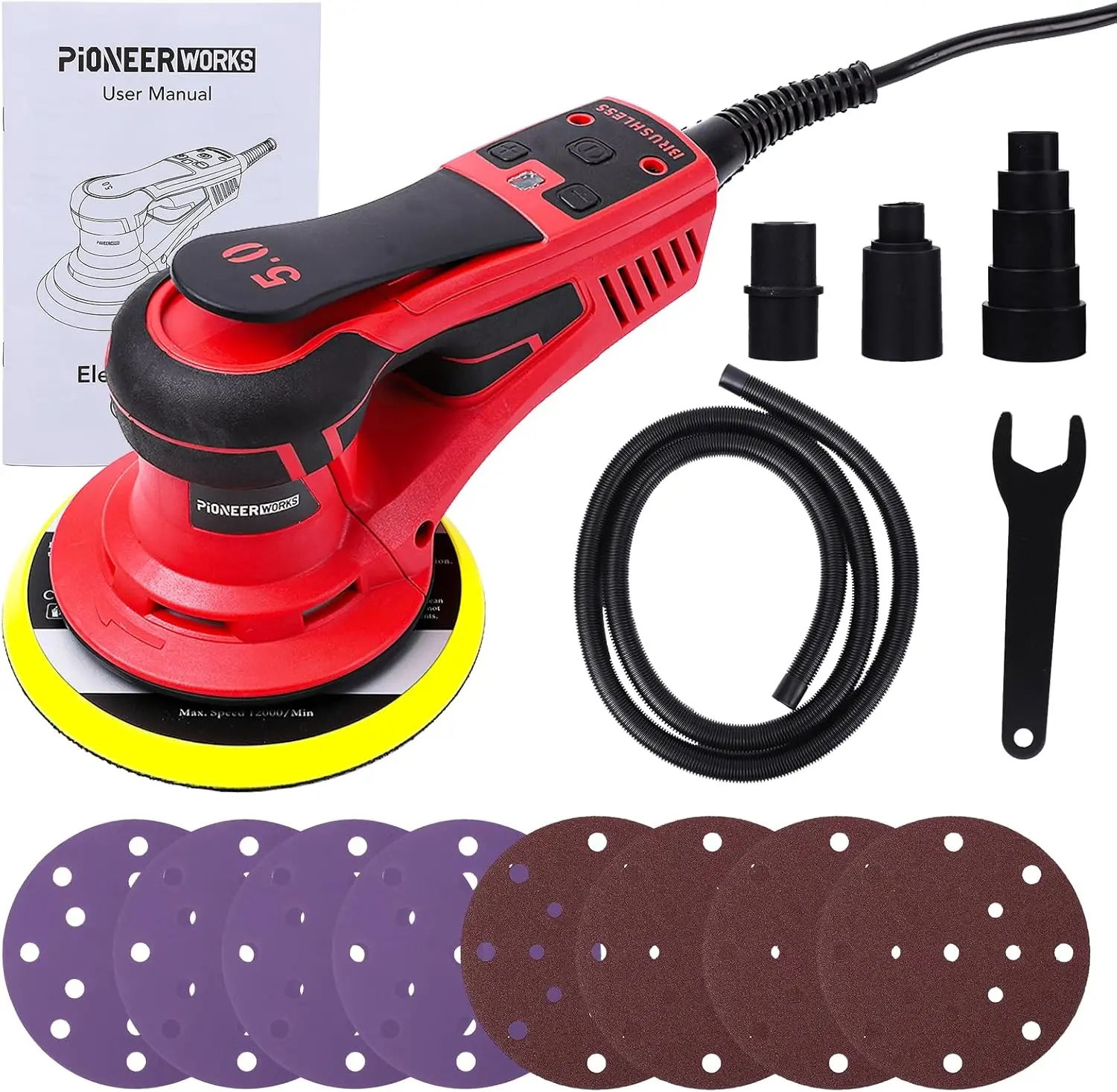 Ponceuse excentrique électrique 350W sans balais |   Ponceuse de 6 pouces (150 mm) avec 10 000 tr/min |   Extracteur de poussière à vitesse variable pour le travail du bois